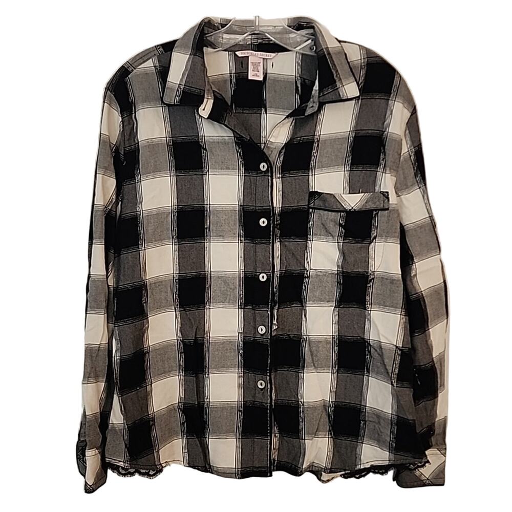 Victoria's Secret Black/White/Silver Lightweight Flannel Print PJ Top, Large